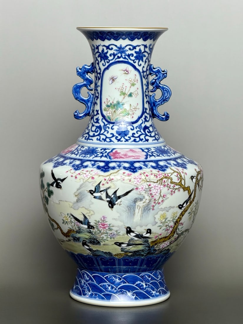 An Exquisite Blue and White Lotus Pattern Flower and Bird Pattern Seawater Pattern with poem: An Exquisite Blue and White Lotus Pattern Flower and Bird Pattern Seawater Pattern with poem Double-Ears Vase Qing Dynasty, China Qianlong Six-character Mark Size:34.5cmx20.8cm (The Dimensions Of All 