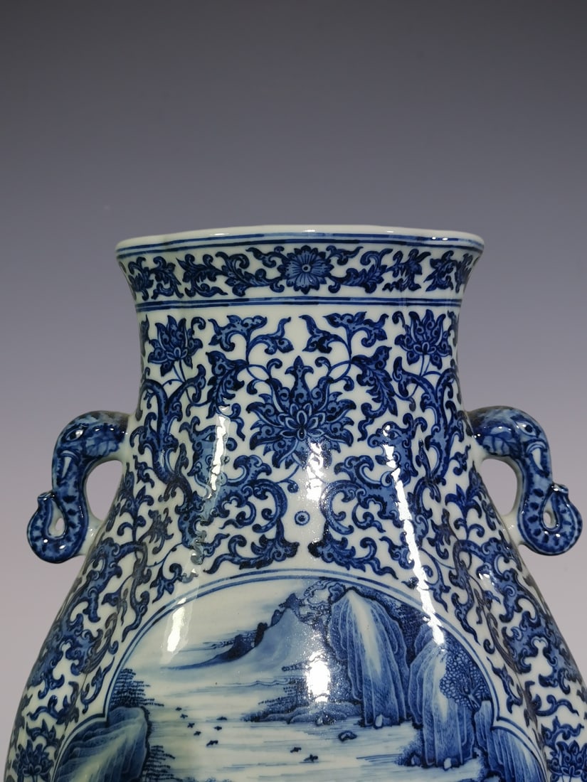 An Exquisite Blue and White Lotus Pattern Dragon Pattern Landscape and Figure Pattern Double-Ears - 2