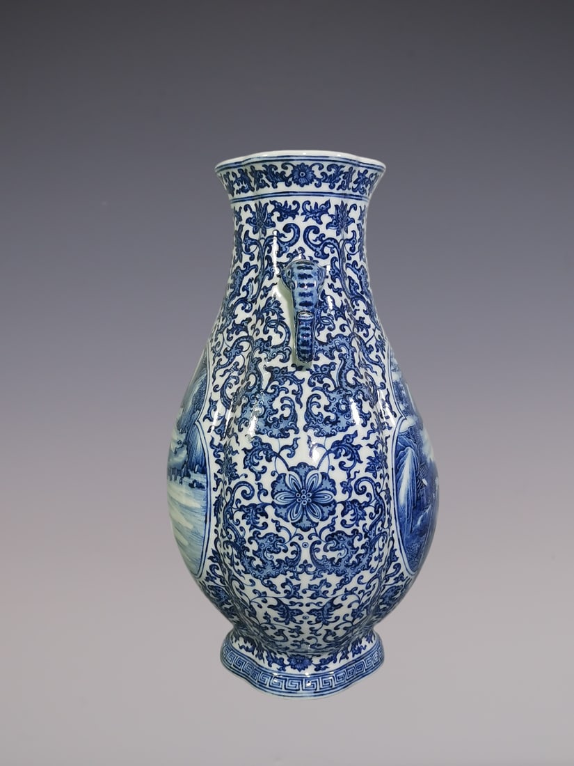 An Exquisite Blue and White Lotus Pattern Dragon Pattern Landscape and Figure Pattern Double-Ears - 4