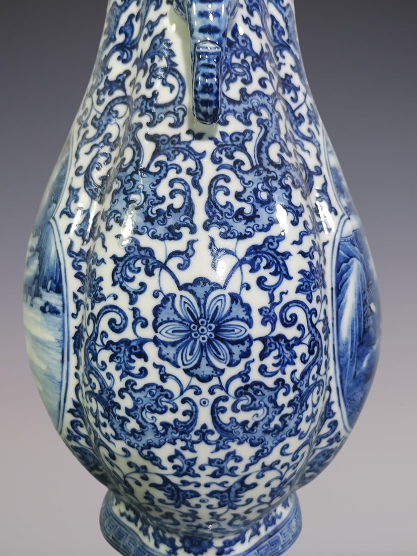 An Exquisite Blue and White Lotus Pattern Dragon Pattern Landscape and Figure Pattern Double-Ears - 5