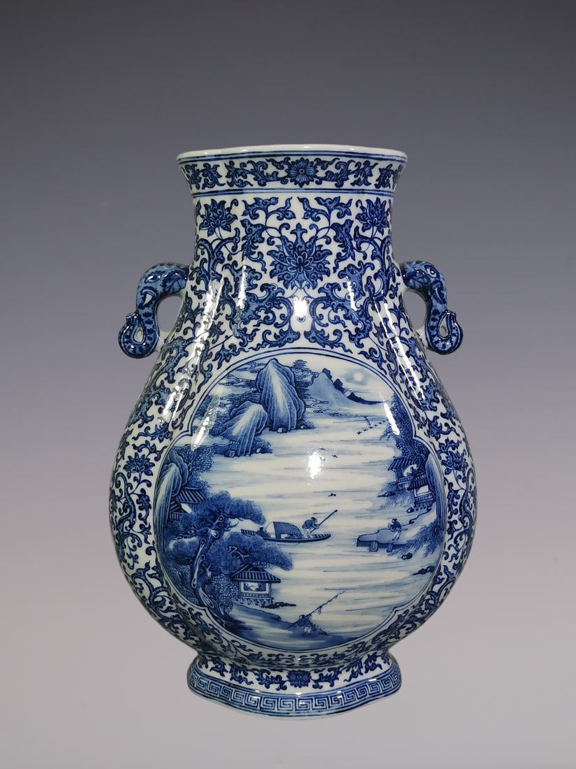 An Exquisite Blue and White Lotus Pattern Dragon Pattern Landscape and Figure Pattern Double-Ears - 6