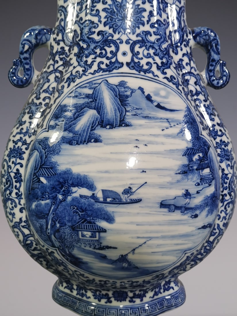 An Exquisite Blue and White Lotus Pattern Dragon Pattern Landscape and Figure Pattern Double-Ears - 7