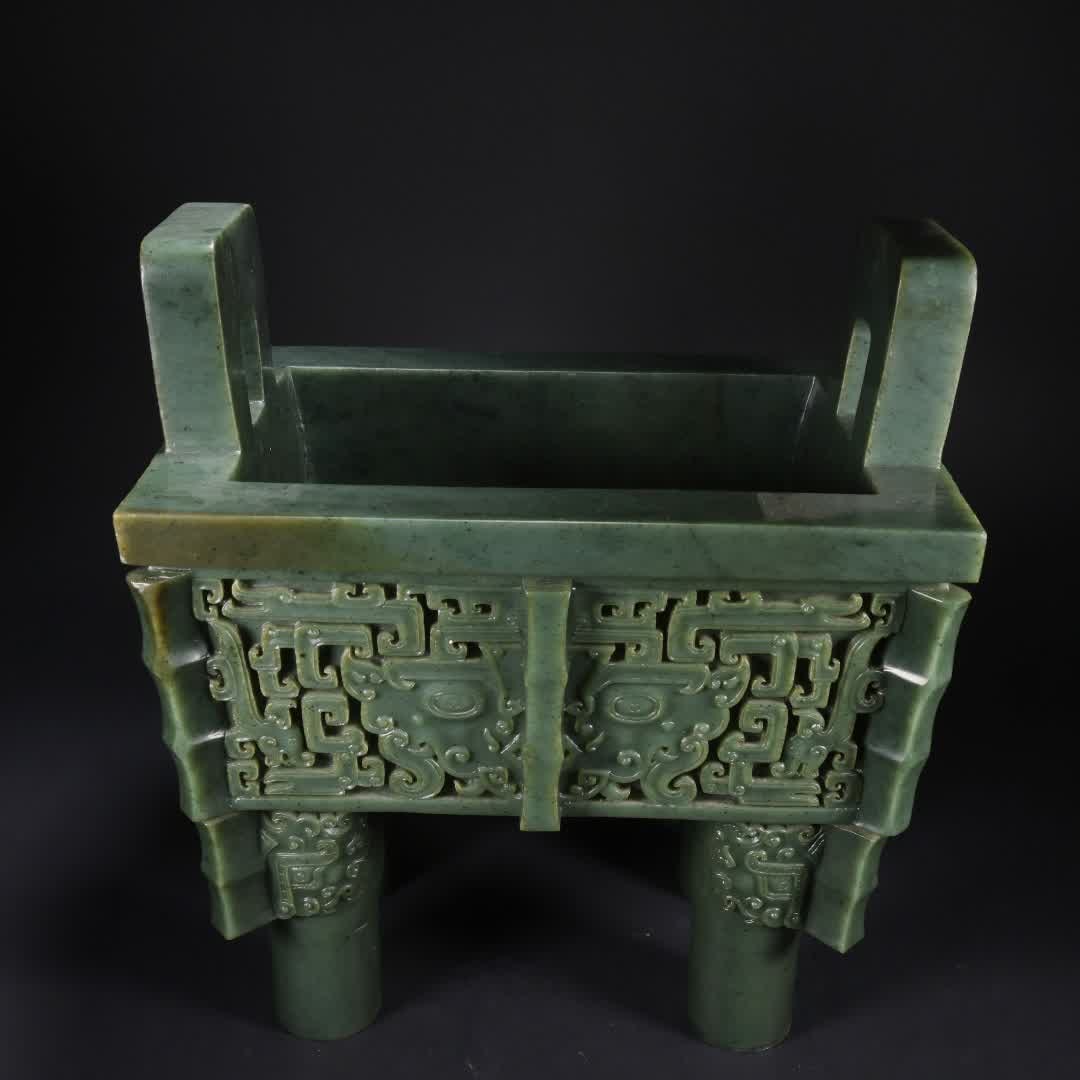 A Qing Dynasty Hetian jasper gluttonous pattern large square tripod: Qing Dynasty Hetian jasper gluttonous pattern large square tripod SIZE: H:34x30x19cm W:14kg (The Dimensions Of All Batches Are Manually Measured.If You Need More Detailed Information, Please Contact O