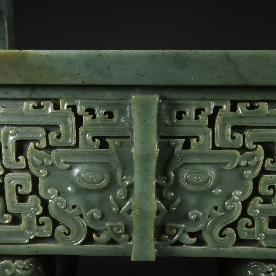 A Qing Dynasty Hetian jasper gluttonous pattern large square tripod - 3