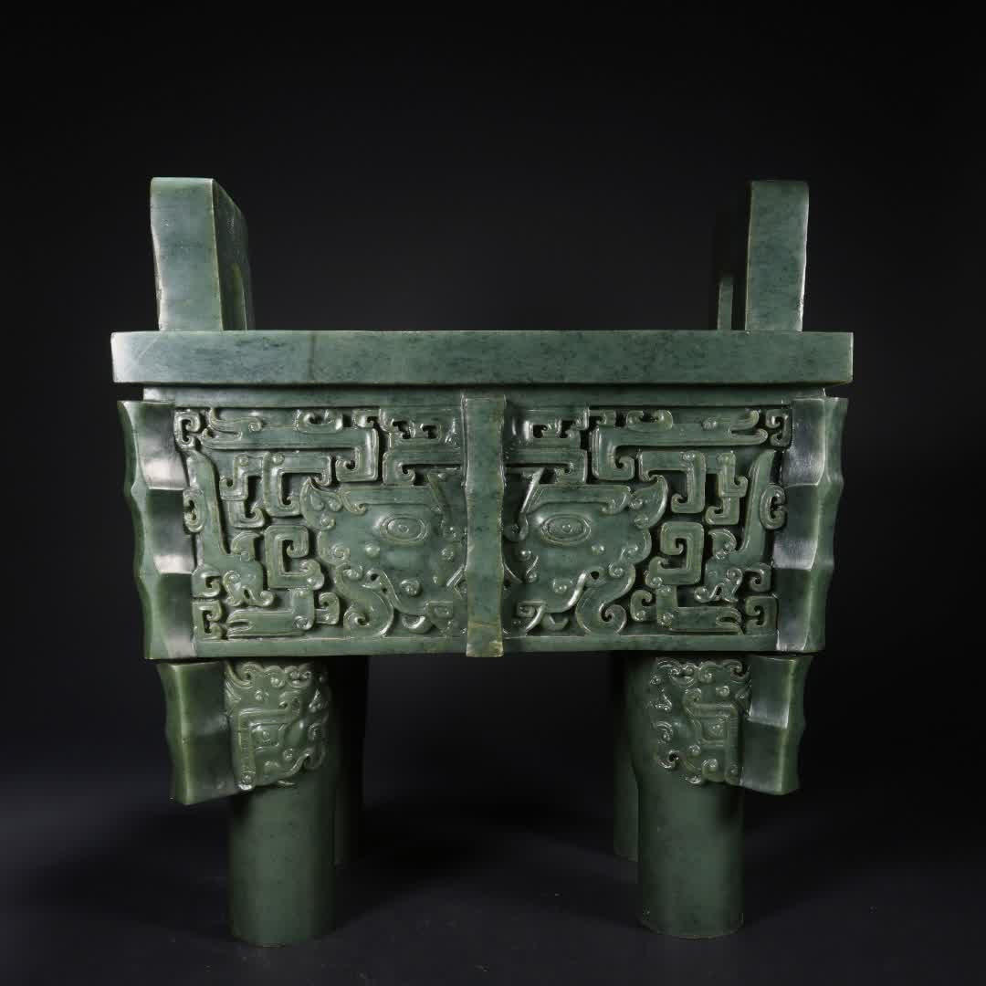 A Qing Dynasty Hetian jasper gluttonous pattern large square tripod - 6