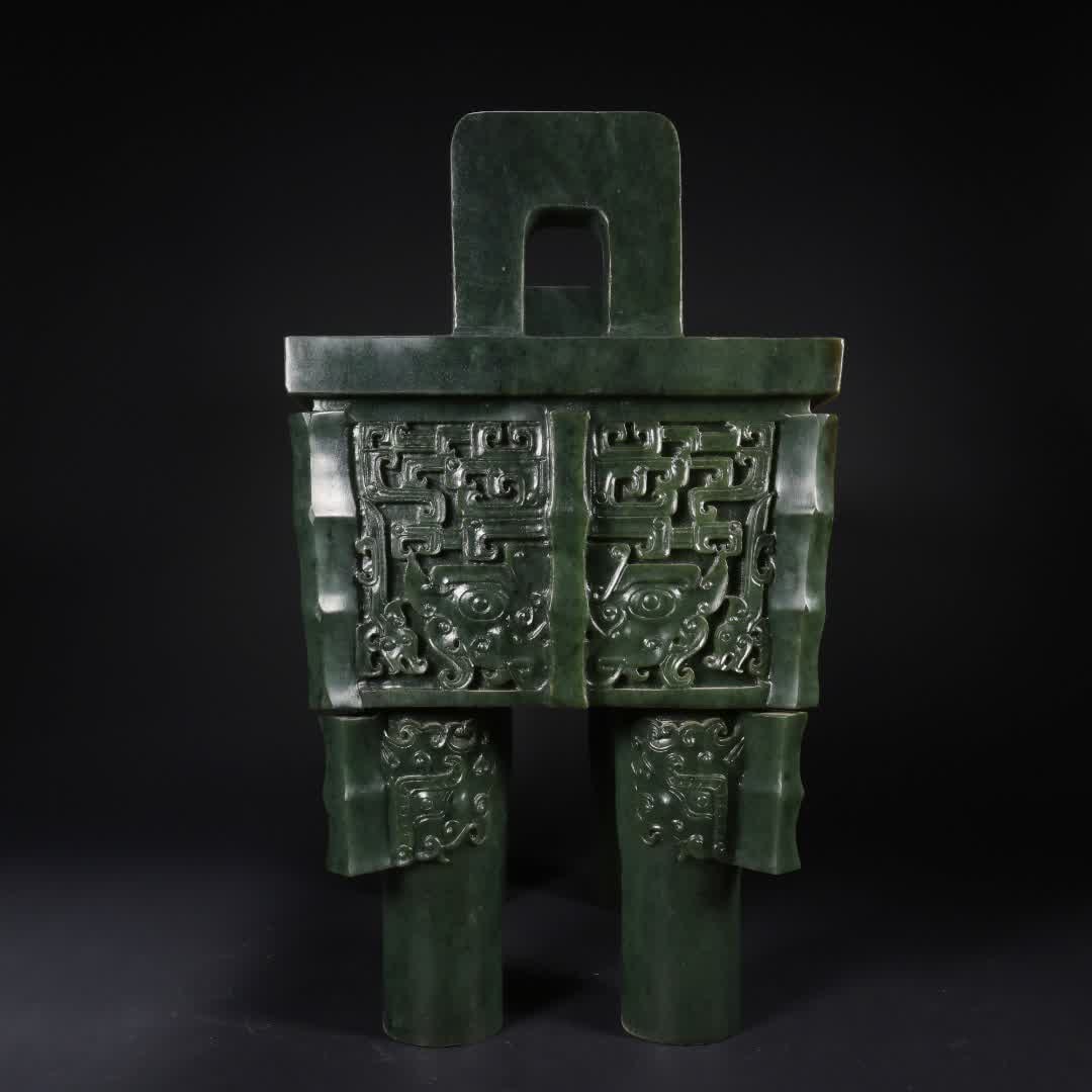 A Qing Dynasty Hetian jasper gluttonous pattern large square tripod - 7