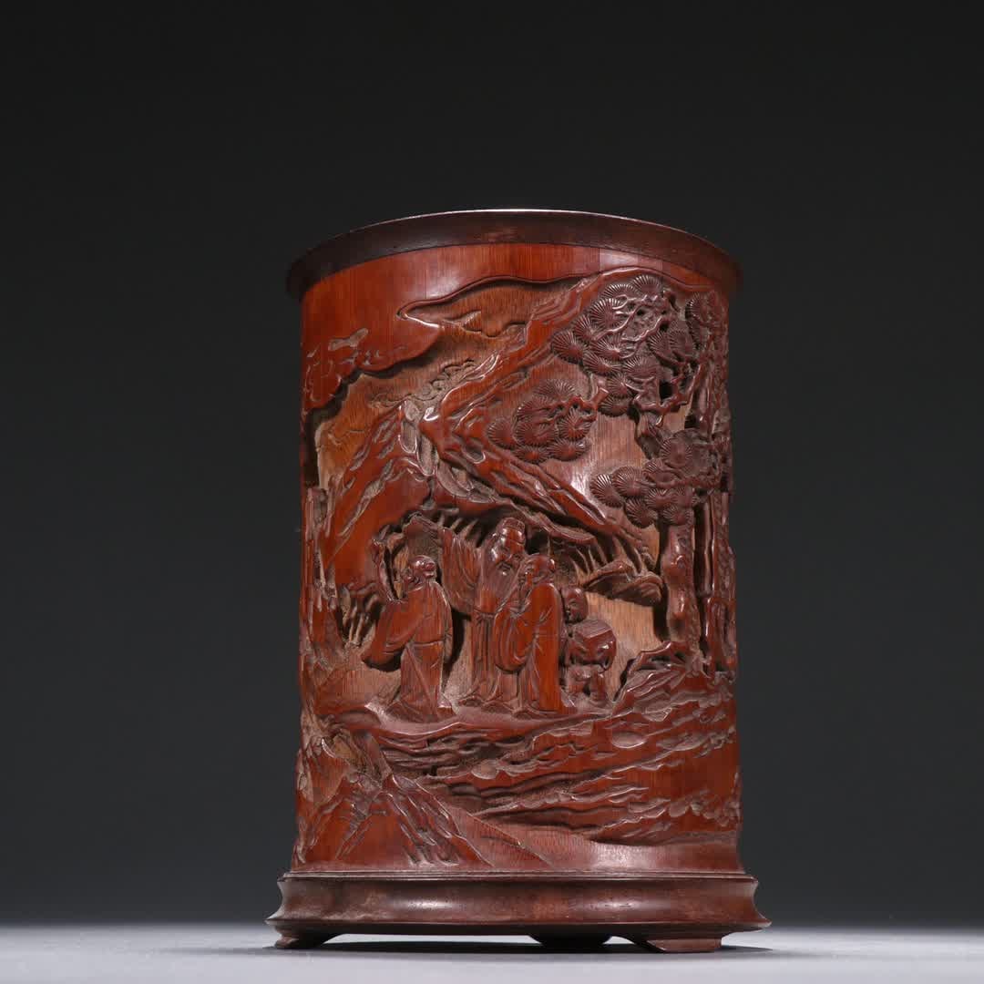 A Qing Dynasty bamboo carved character story pen holder: Qing Dynasty bamboo carving character story pen holder SIZE: H:15cm D:10.3cm (The Dimensions Of All Batches Are Manually Measured.If You Need More Detailed Information, Please Contact Our Customer