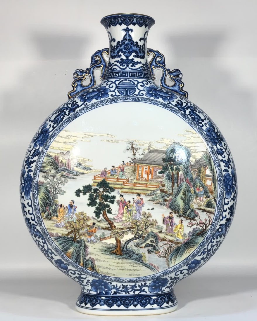 A Qing Dynasty Qianlong blue flower pastel immortals will hold the moon bottle: Qing Dynasty Qianlong blue pink immortals will hold the moon bottle SIZE: H:57cm MouthD:11cm Belly diameter 43cm Foot diameter 19cm (The Dimensions Of All Batches Are Manually Measured.If You Need