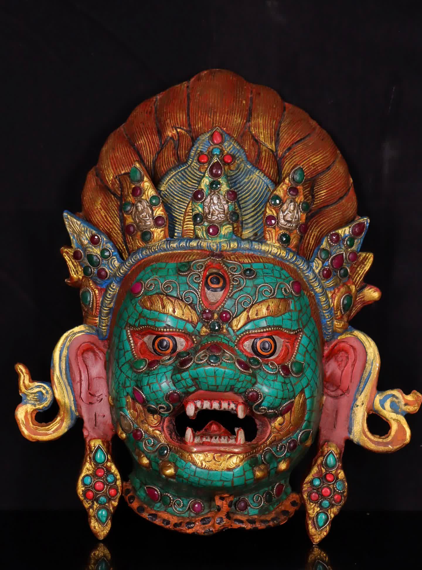 A Qing Dynasty copper-inlaid turquoise Mahakala mask: Qing Dynasty copper-inlaid turquoise Mahakala mask SIZE: H:32cm W:28cm (The Dimensions Of All Batches Are Manually Measured.If You Need More Detailed Information, Please Contact Our Customer Service B