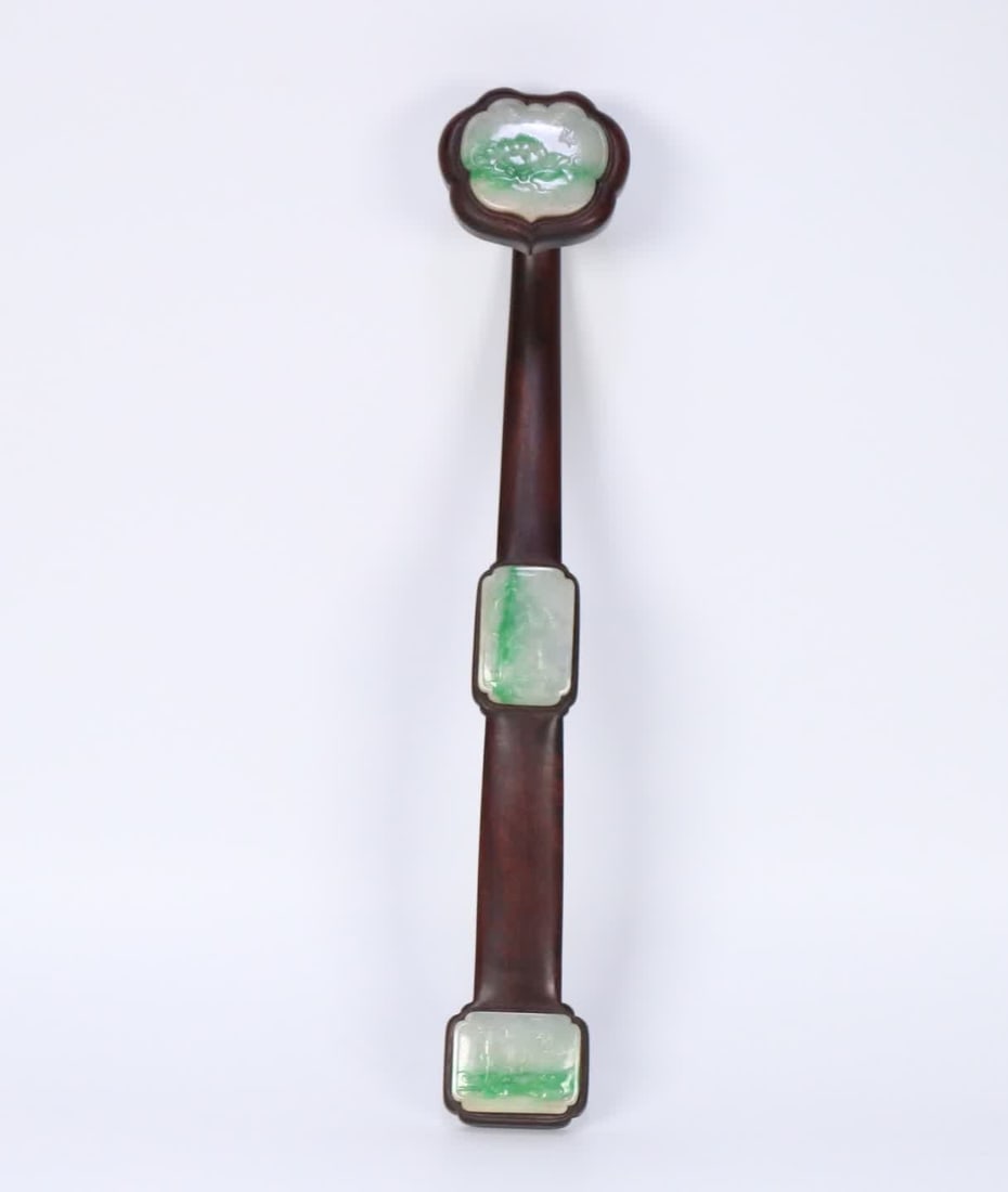 A Qing Dynasty rosewood inlaid jade flower and bird blessing ruyi ornament: Qing Dynasty rosewood inlaid jade flower and bird blessing ruyi ornament SIZE: 32.5x6x6cm W:171.2g (The Dimensions Of All Batches Are Manually Measured.If You Need More Detailed Information, Please Co