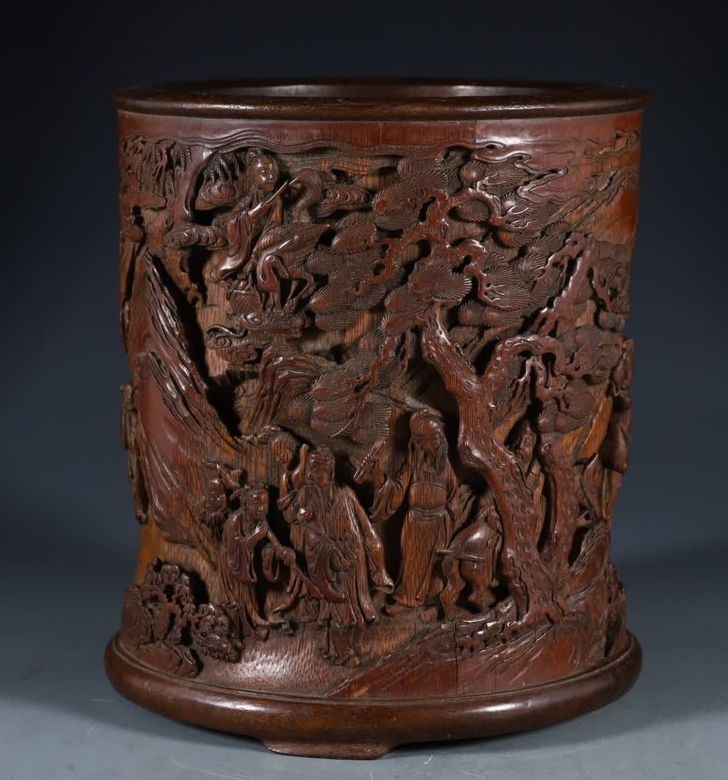 A Qing Dynasty Eight Immortals wishing for longevity and old bamboo carved pen holder (1 of 9)