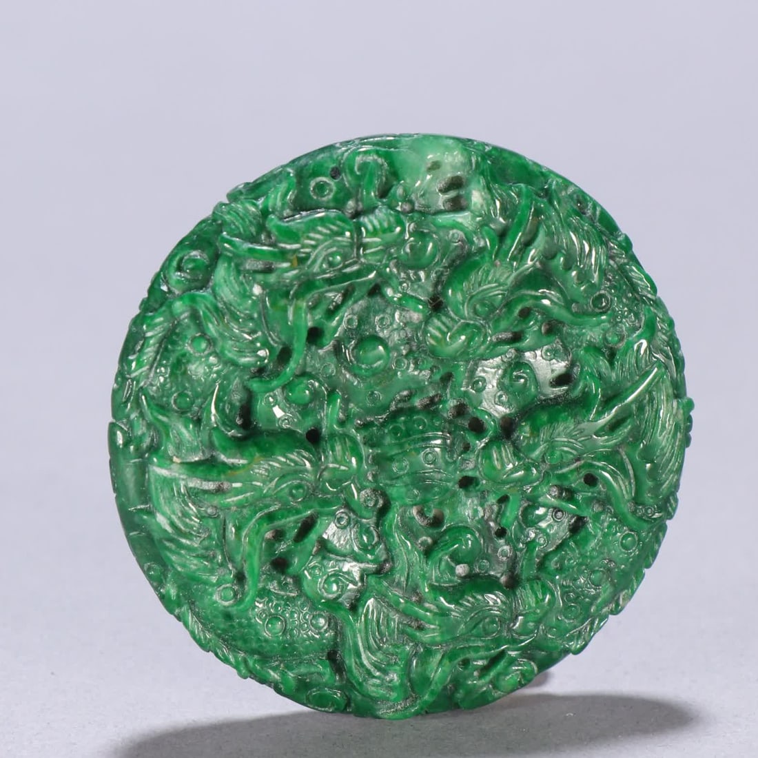 A Qing Dynasty jade nine dragon beaded pattern round card: Qing Dynasty jade nine dragon play bead pattern round card SIZE: W:5.4cm W:59.4g (The Dimensions Of All Batches Are Manually Measured.If You Need More Detailed Information, Please Contact Our