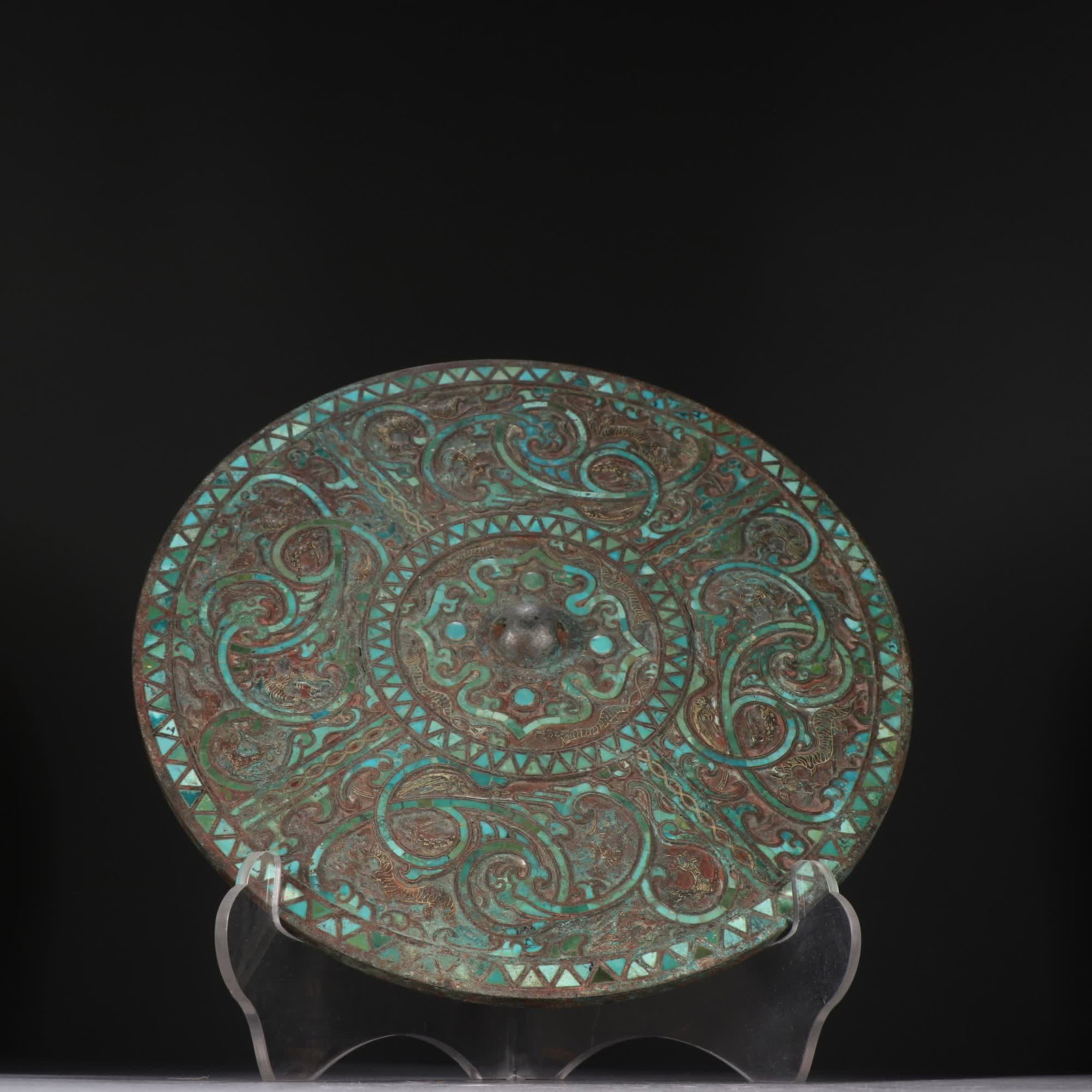 A Han Dynasty Cuo gold and silver inlaid turquoise bronze mirror (1 of 9)