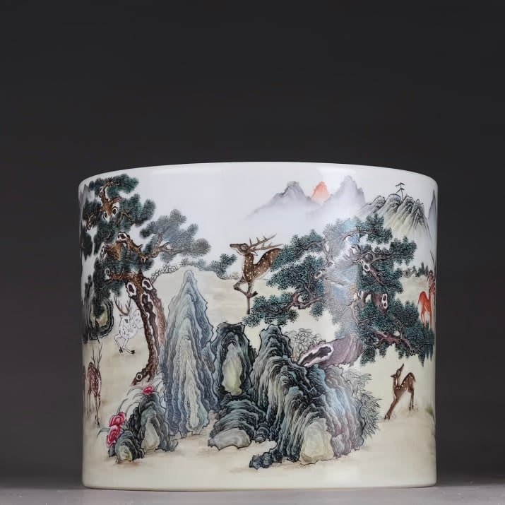 A Qing Dynasty Yongzheng pastel pine deer picture pen holder: Qing Dynasty Yongzheng pastel pine deer picture pen holder SIZE: H:16.3cm D:19.5cm (The Dimensions Of All Batches Are Manually Measured.If You Need More Detailed Information, Please Contact Our