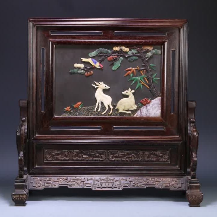 A piece of Qing Dynasty rosewood stone hundred treasures embedded in Fu Lu Shouxi insert screen (1 of 9)