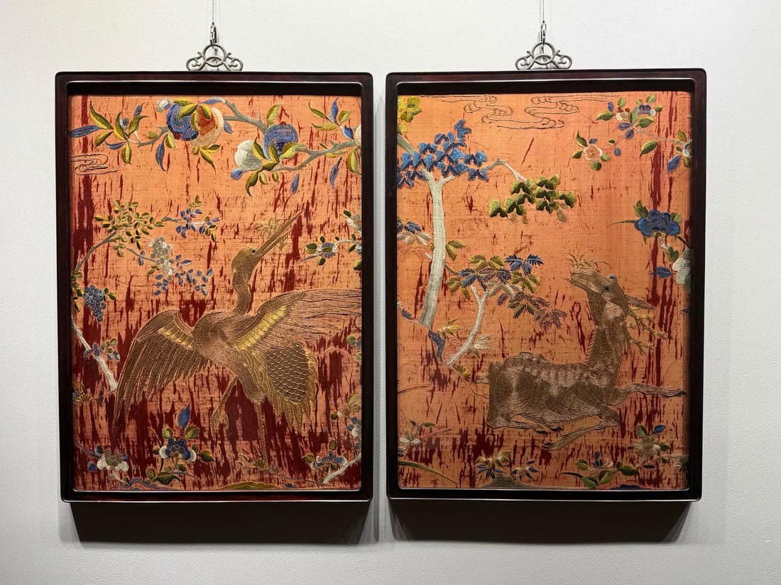 A pair of mid-Qing Dynasty Su embroidered crane deer in the same spring: In the middle of the Qing Dynasty, Su embroidered cranes and deer in the same spring SIZE: 71x52cm (The Dimensions Of All Batches Are Manually Measured.If You Need More Detailed Information, Please