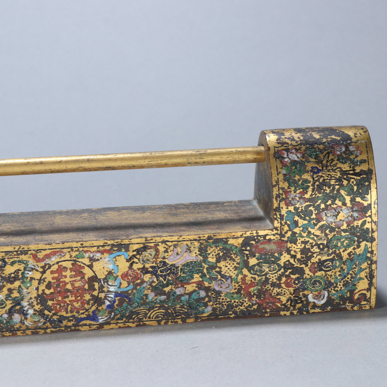 A Qing Dynasty copper gilt painting enamel double happiness pattern rectangular lock - 3