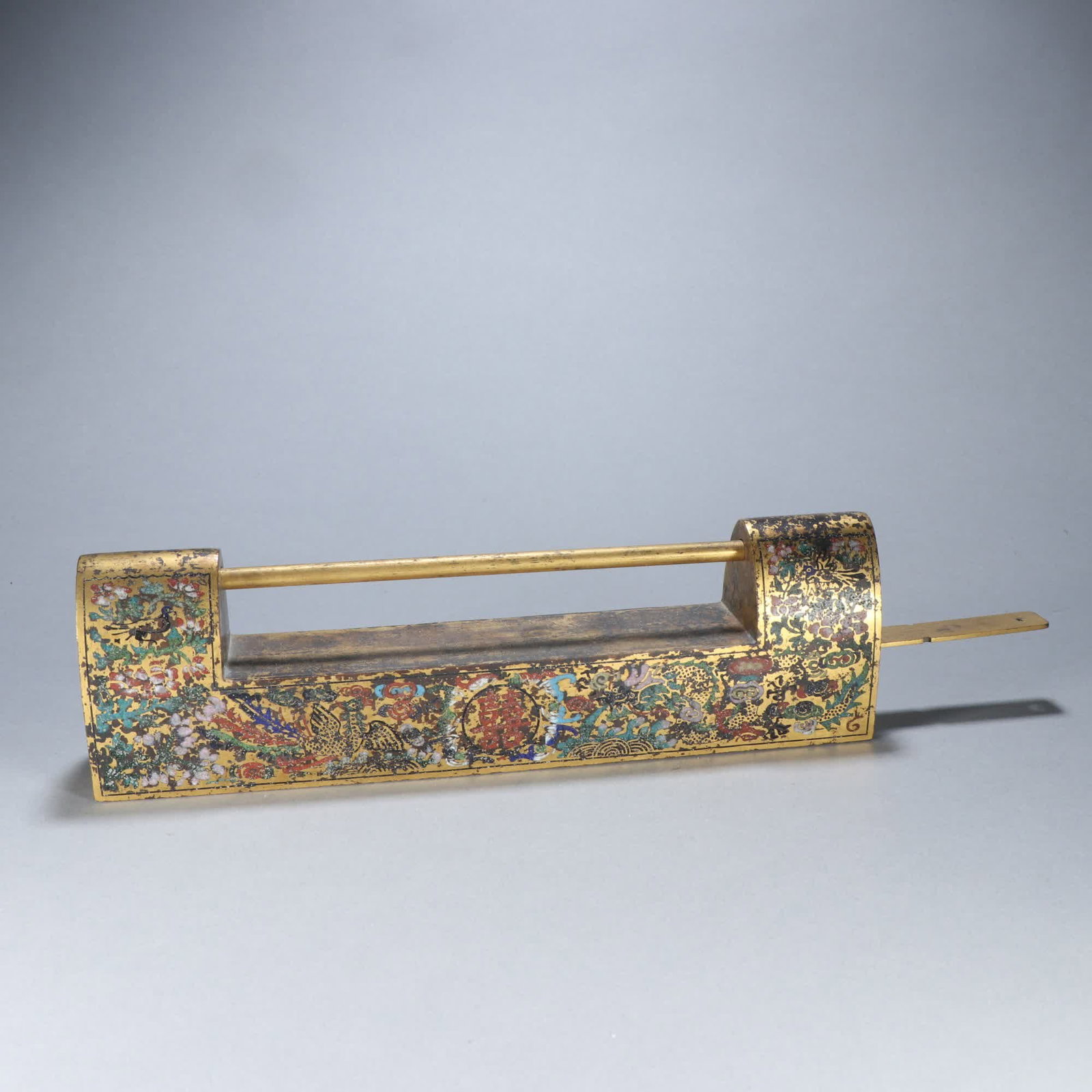 A Qing Dynasty copper gilt painting enamel double happiness pattern rectangular lock - 5