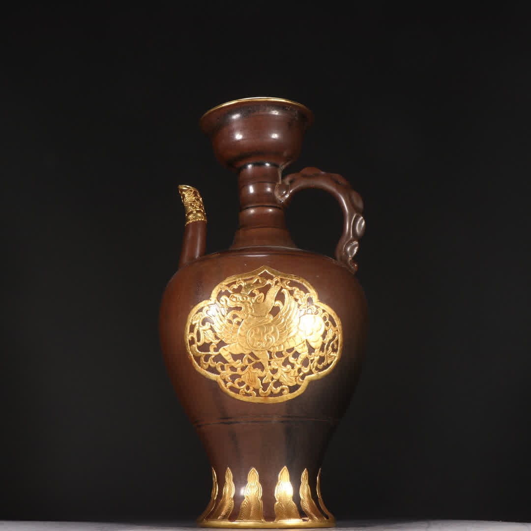 A Song Ding kiln sauce glaze wrapped in golden auspicious beast pattern pot: Song Ding kiln sauce glaze wrapped in golden auspicious beast pattern pot SIZE: H:26.5cm W:13.5cm (The Dimensions Of All Batches Are Manually Measured.If You Need More Detailed Information, Please