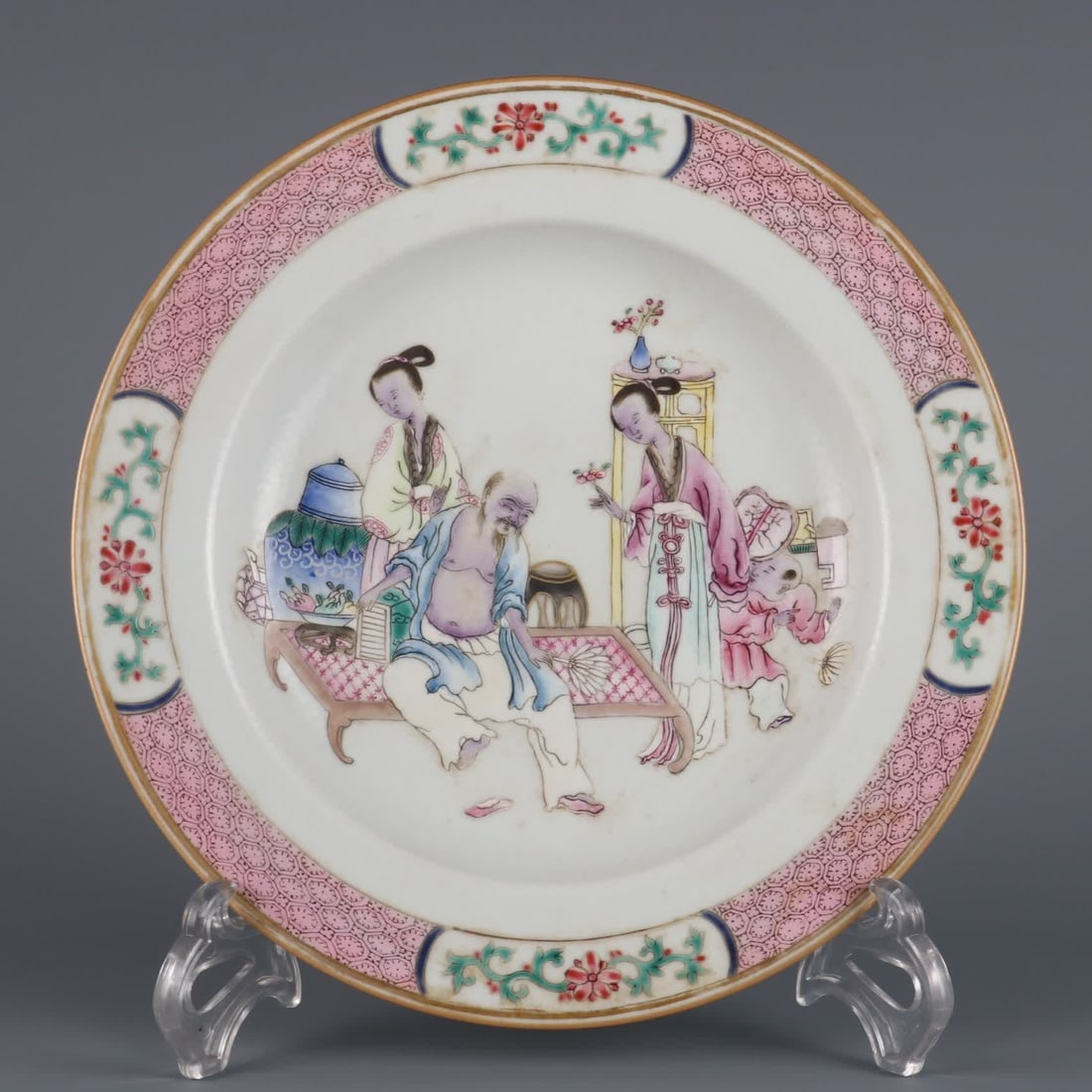A Qing Dynasty Jiaqing year pastel cool picture folding waist plate: Qing Dynasty Jiaqing year pastel cool picture folding waist plate SIZE: H:2.6cm MouthD:22cm (The Dimensions Of All Batches Are Manually Measured.If You Need More Detailed Information, Please Contact O