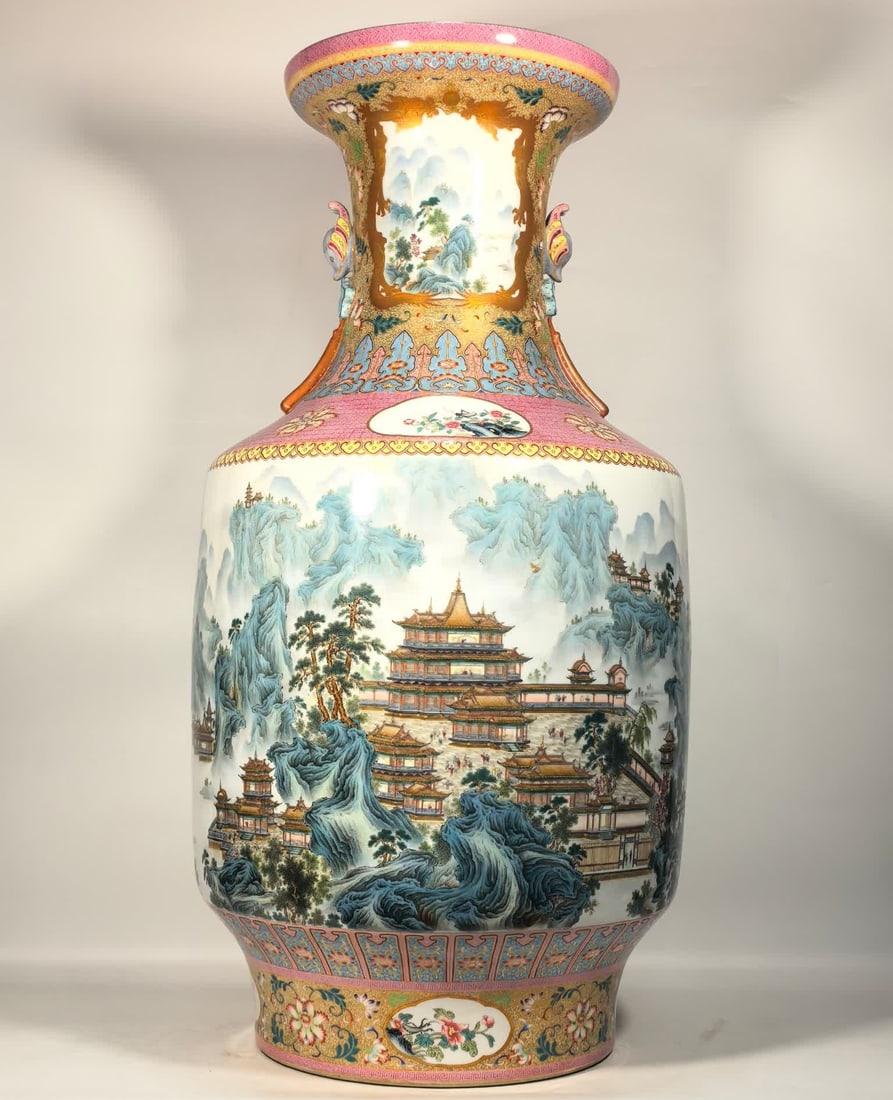A Qing Dynasty Qianlong enamel colored gold background ancient moon pavilion pavilion landscape: Qing Dynasty Qianlong enamel colored gold land ancient moon pavilion pavilion landscape water vase SIZE: H:81cm MouthD:28.5cm Belly diameter 41cm Foot diameter 29cm (The Dimensions Of All Batches Are