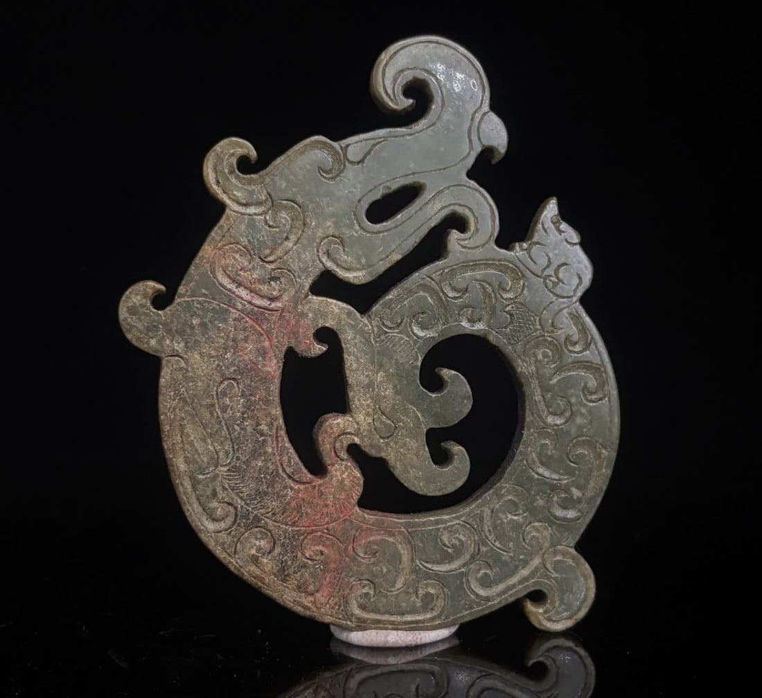 A Han Dynasty jade dragon and phoenix pendant: Han Dynasty jade dragon phoenix ornament SIZE: 9.7x7.6x0.5cm 67g (The Dimensions Of All Batches Are Manually Measured.If You Need More Detailed Information, Please Contact Our Customer Service Before