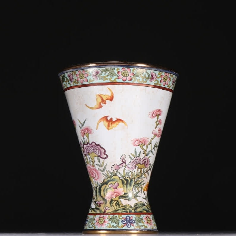 A Qing Dynasty copper tire painting enamel wealth double full waist cup: Qing Dynasty copper tire painting enamel wealth double full tunic cup SIZE: H:9.6cm W:7.5cm W:256.8g (The Dimensions Of All Batches Are Manually Measured.If You Need More Detailed Information, Please
