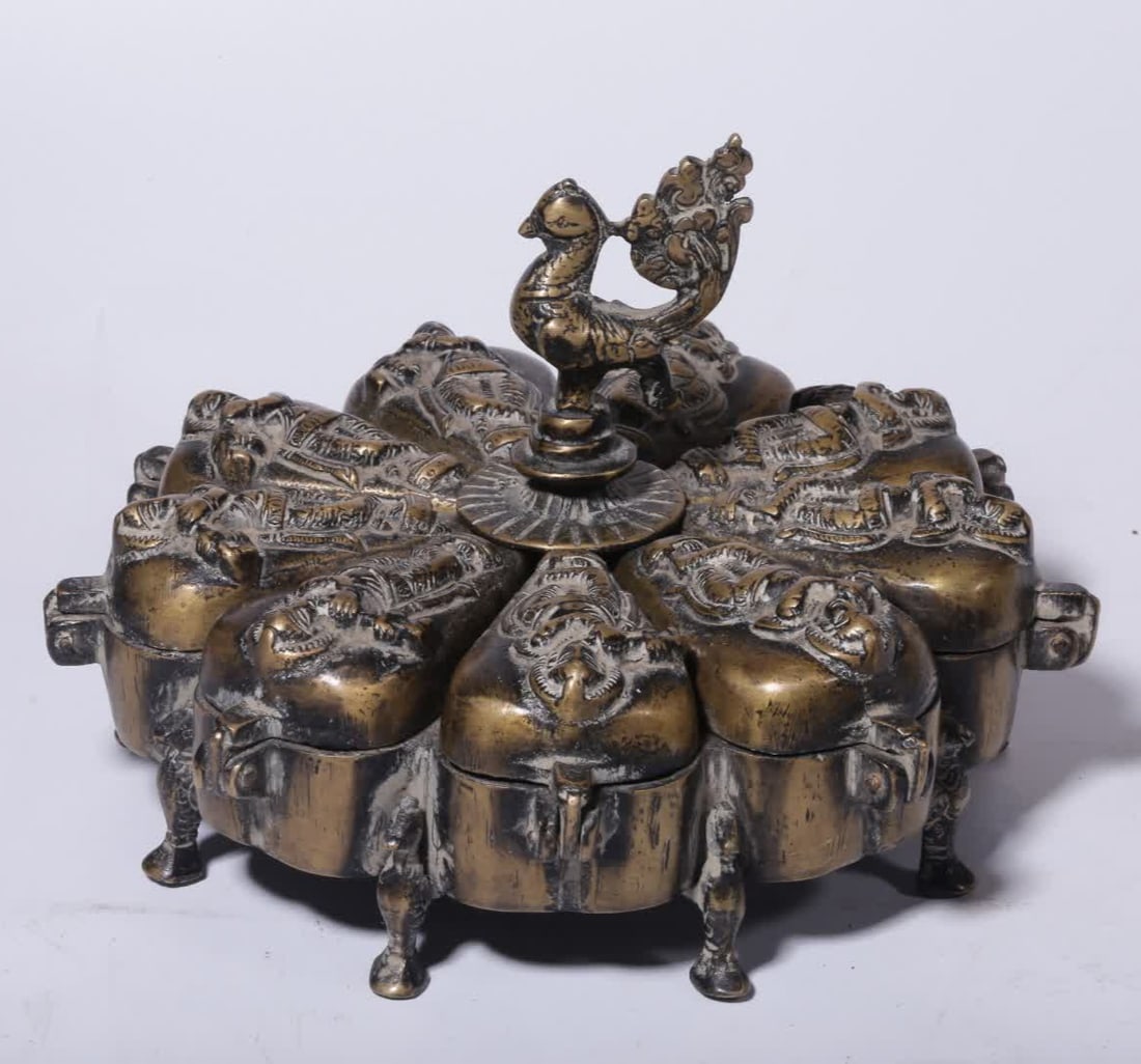 A Qing Dynasty alloy copper treasure box: Qing Dynasty alloy copper treasure box SIZE: H: 13cm Diameter 20cm W: 1.3kg (The Dimensions Of All Batches Are Manually Measured.If You Need More Detailed Information, Please Contact Our Customer Serv