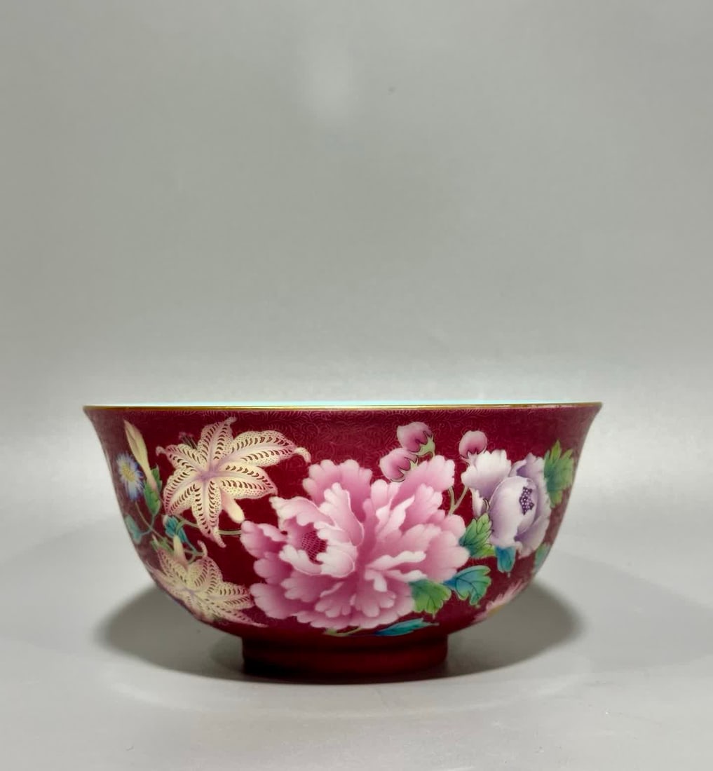 A Yongzheng year carmine anchovy floral pattern bowl: Yongzheng year carmine red anchovy flower pattern bowl SIZE: H: 7.3cm MouthD: 14.7cm Bottom diameter 5.8cm (The Dimensions Of All Batches Are Manually Measured.If You Need More Detailed Information, P