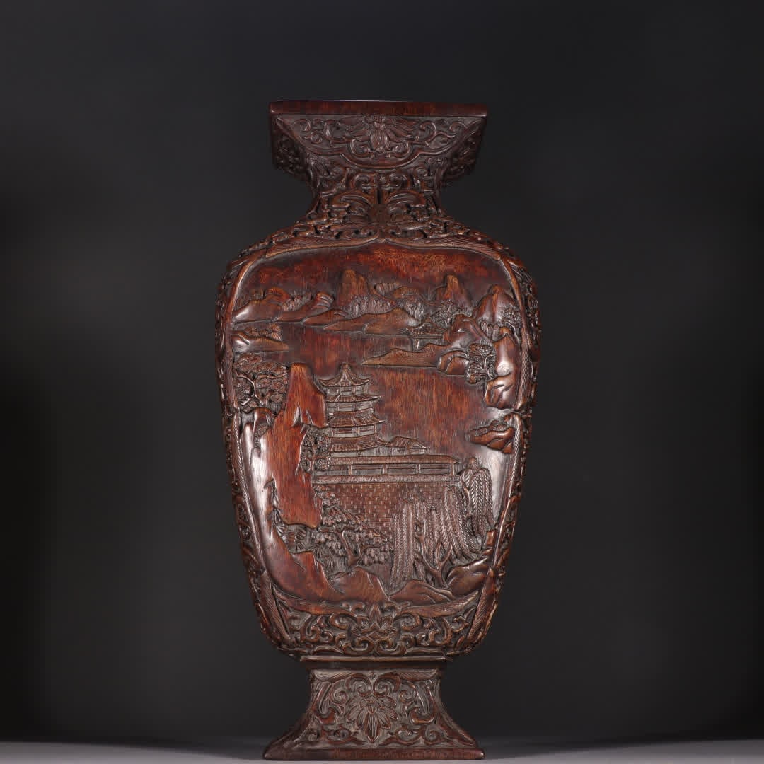 A Qing Dynasty agarwood landscape pavilion bottle: Qing Dynasty agarwood landscape pavilion bottle SIZE: H:38cm W:18cm W:1425.1g (The Dimensions Of All Batches Are Manually Measured.If You Need More Detailed Information, Please Contact Our Customer