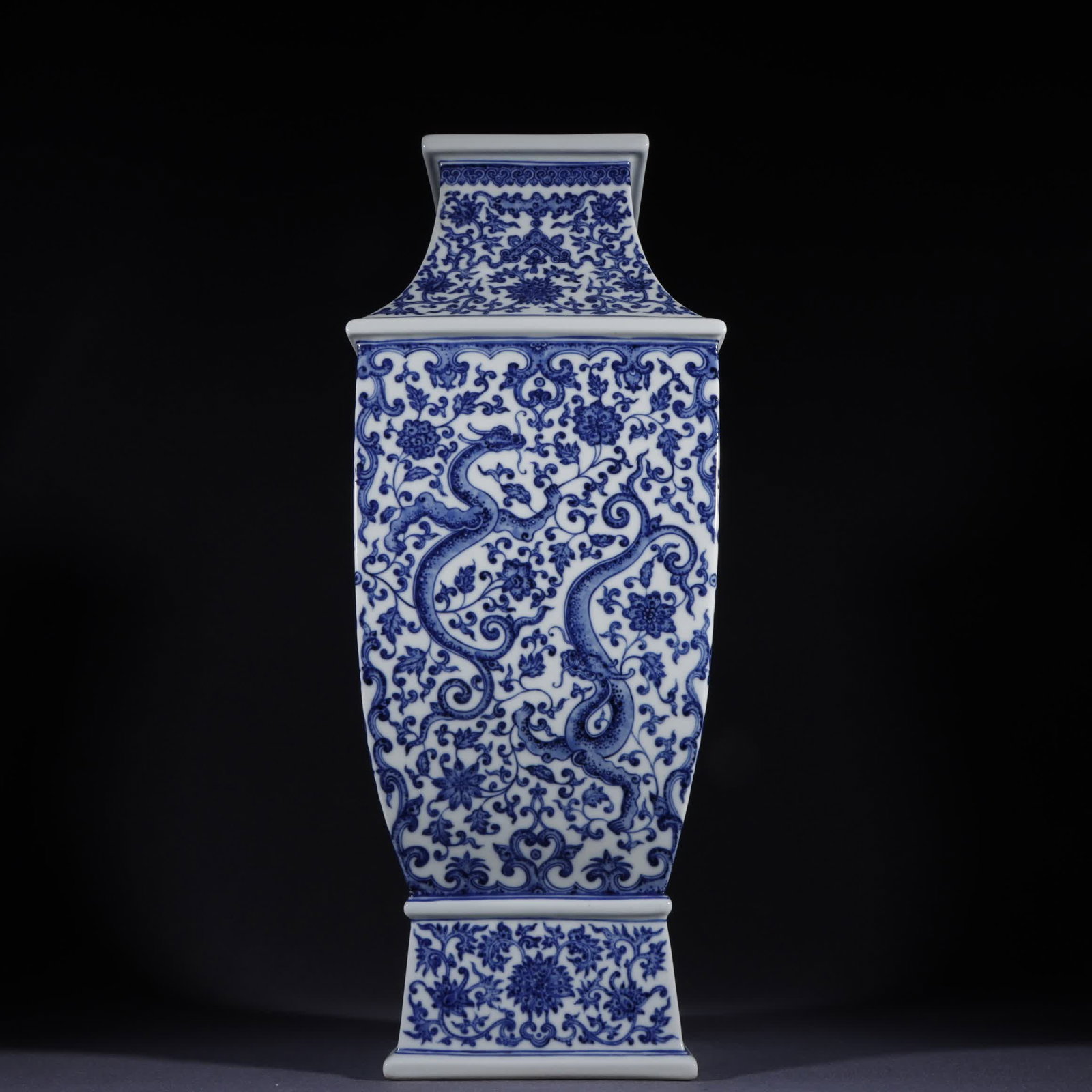 A Qing Dynasty Qianlong blue and white dragon wearing a floral pattern square bottle (1 of 9)