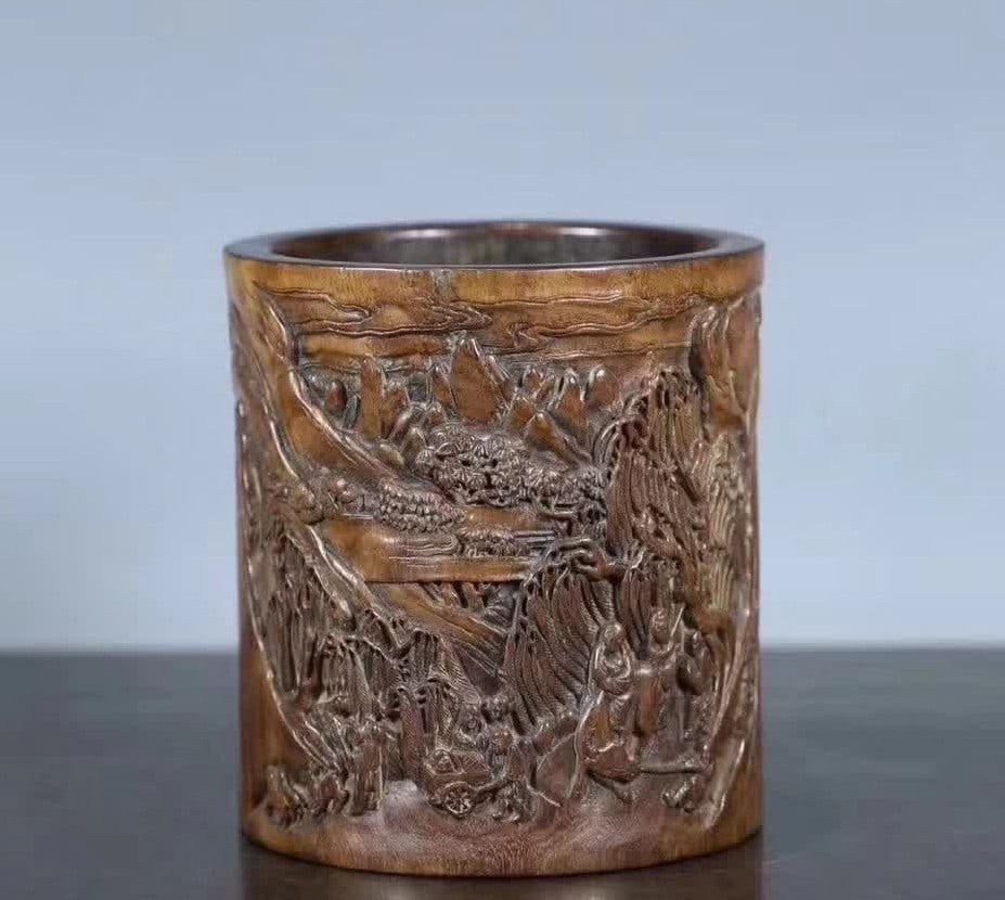 A Qing Dynasty Hainan Huanghuali carved landscape character pen holder (1 of 9)