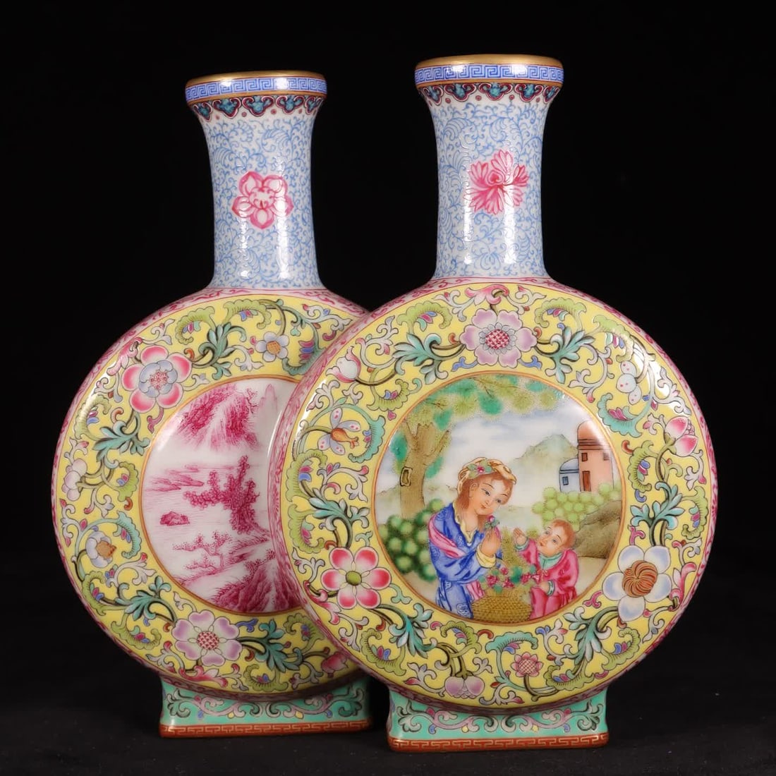 A yellow background window Western figure landscape enamel double-barreled bottle (1 of 9)
