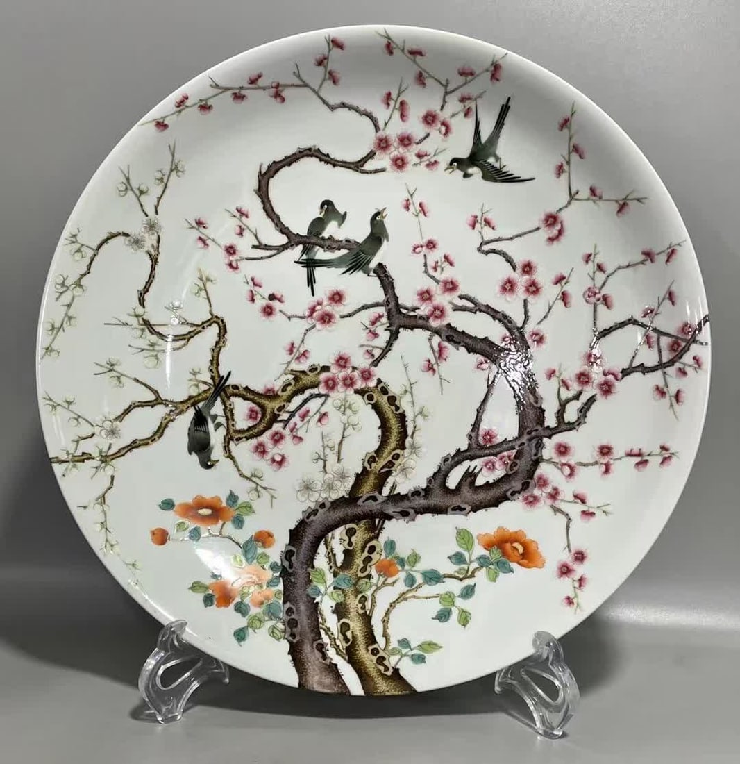 A Qing Dynasty Yongzheng pastel flower and bird four happy picture over the branch plate (1 of 9)