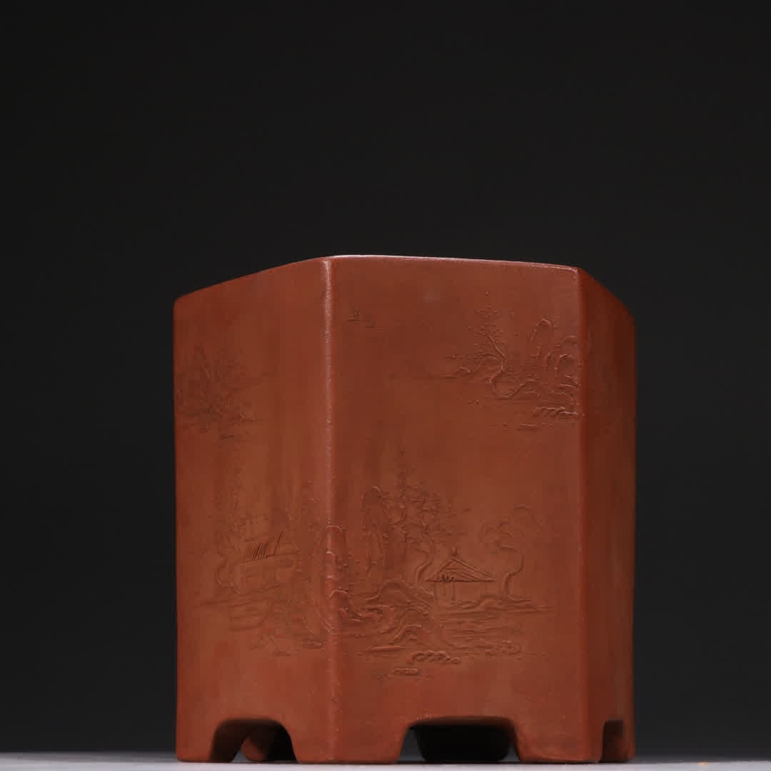 A piece of Yang Jichu purple sand landscape scenery hexagonal basin: Yang Jichu Purple Sand Landscape Hexagonal Basin SIZE: H:12.3cm W:13.1cm (The Dimensions Of All Batches Are Manually Measured.If You Need More Detailed Information, Please Contact Our Customer Service