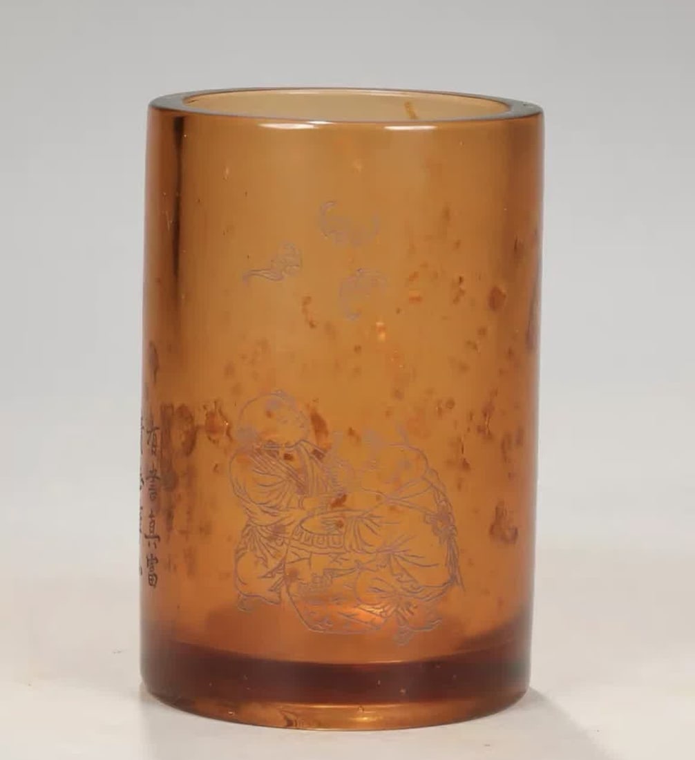 A Qing Dynasty gold leaf glazed Qianlong year baby play pattern pen holder (1 of 9)