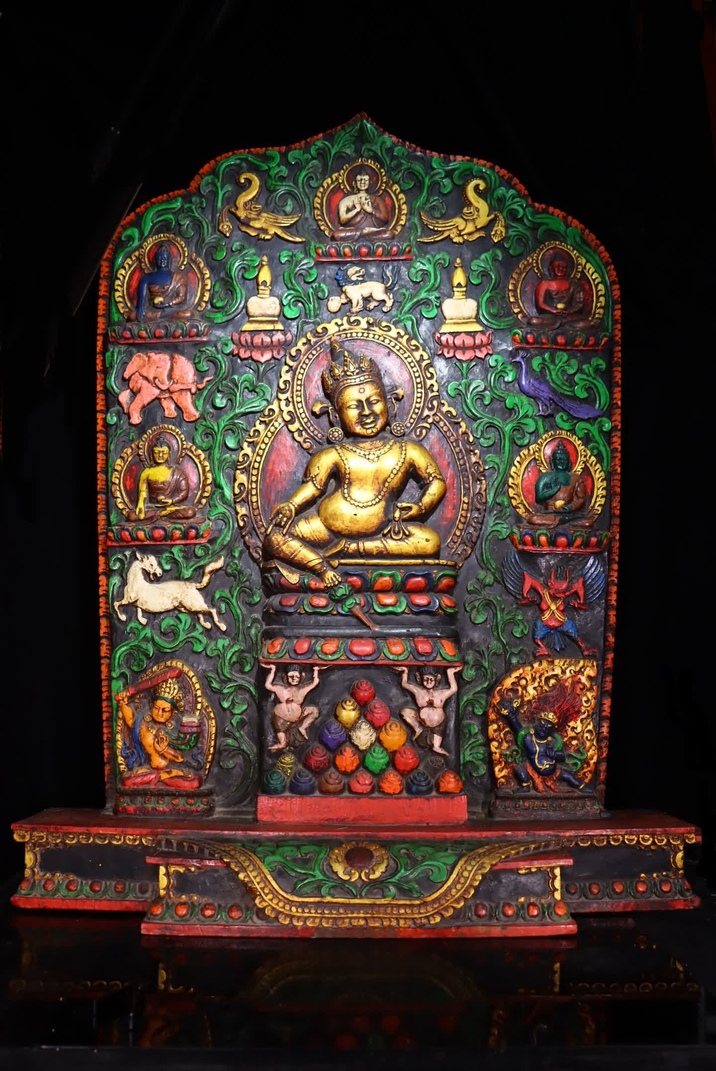 A Qing Dynasty Tibetan Buddhist Huang Caishen wood carving mineral painted statue (1 of 19)