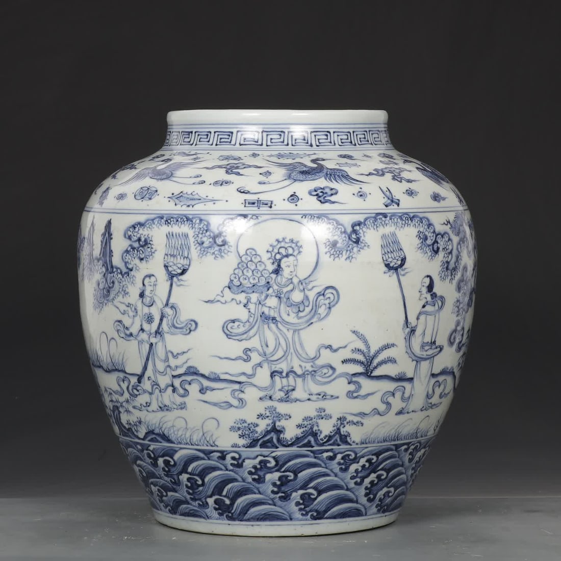 A blank period blue and white three-star game chart large jar: Blank period blue and white three-star chess picture big can SIZE: H: 34cm MouthD: 17.8cm Belly diameter 30cm (The Dimensions Of All Batches Are Manually Measured.If You Need More Detailed Information