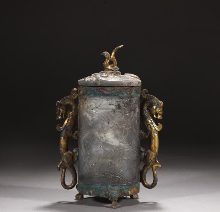 A Han Dynasty bronze jade-inlaid vermilion bird stepping tiger double dragon ear cup (1 of 9)