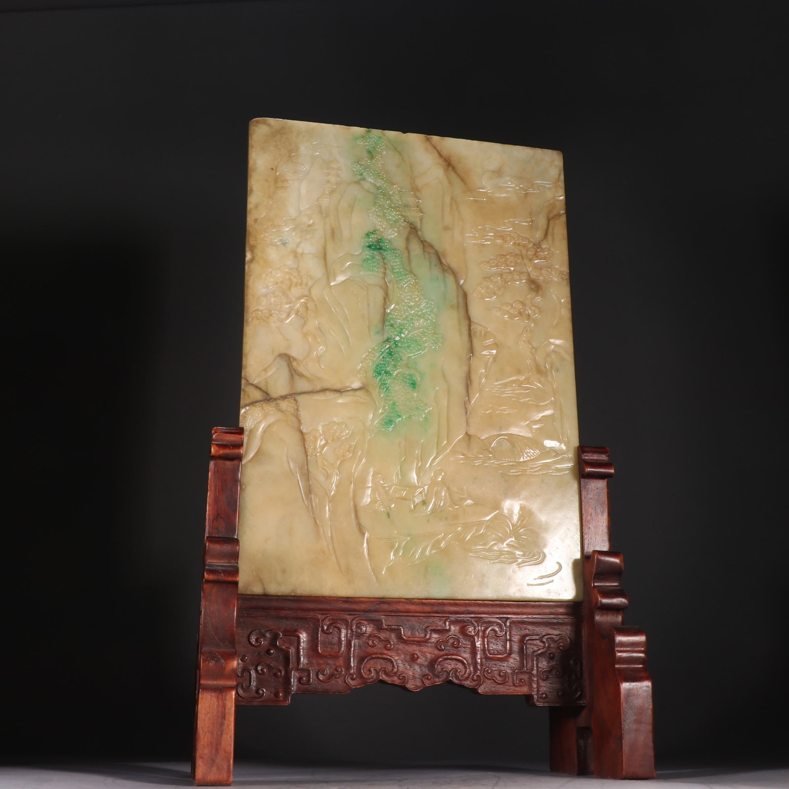 A poem insert of a jade landscape character in the Qing Dynasty: Qing Dynasty jade landscape characters poetry interpolation SIZE: H:38cm W:22.5cm W:2740g (The Dimensions Of All Batches Are Manually Measured.If You Need More Detailed Information, Please Contact Our