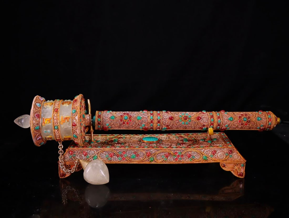 A Qing Dynasty Tibetan silver cloisonné inlaid with gemstone crystal prayer wheel (1 of 11)