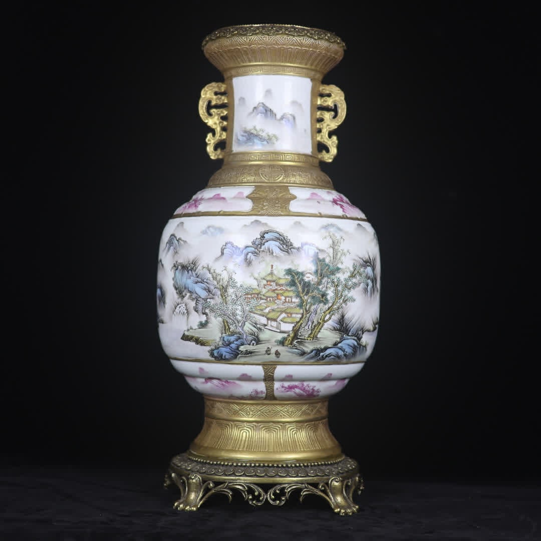 A Qing Dynasty pastel landscape pattern inlaid copper gilt amphora (1 of 9)