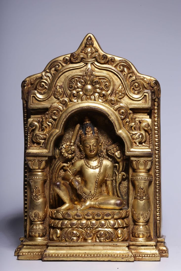 A Qing Dynasty copper-gilt Manjushri Buddha shrine (1 of 11)