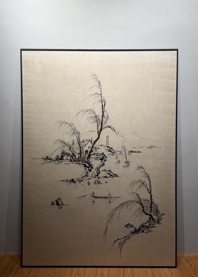 A Republic of China Su embroidery ink style West Lake landscape map: Republic of China Su embroidery ink style West Lake landscape map SIZE: 126.5x176cm (The Dimensions Of All Batches Are Manually Measured.If You Need More Detailed Information, Please Contact Our Custo