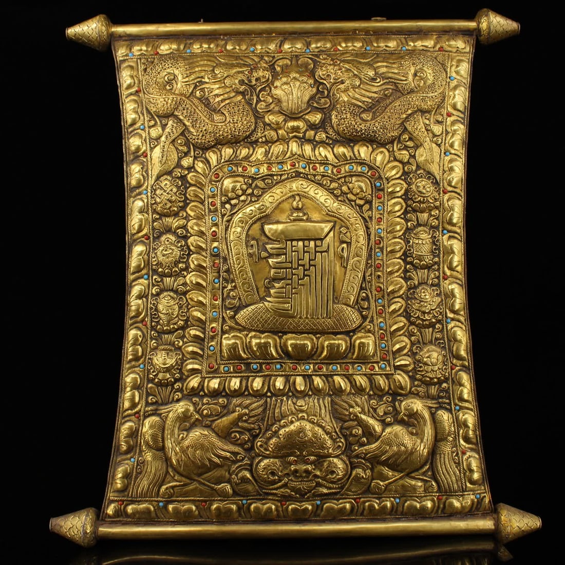 A Qing Dynasty gem-inlaid gilt mandala thangka (1 of 9)