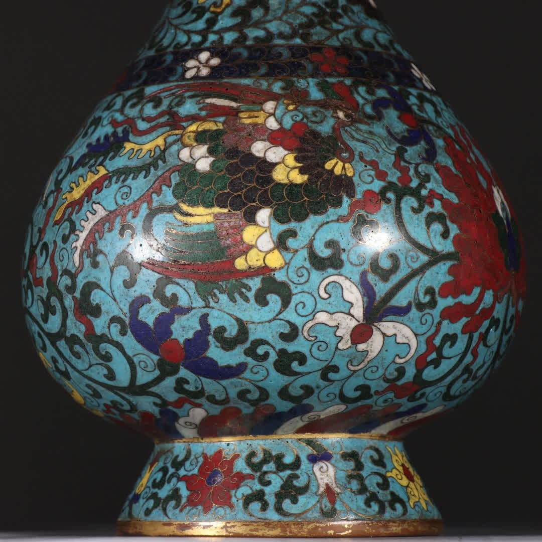 A Ming Dynasty copper gilt cloisonné double phoenix pattern bottle - 2
