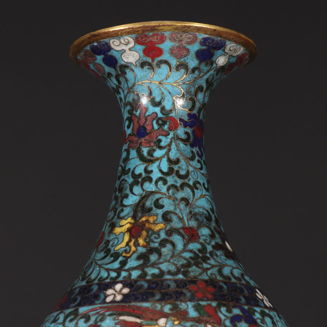 A Ming Dynasty copper gilt cloisonné double phoenix pattern bottle - 3