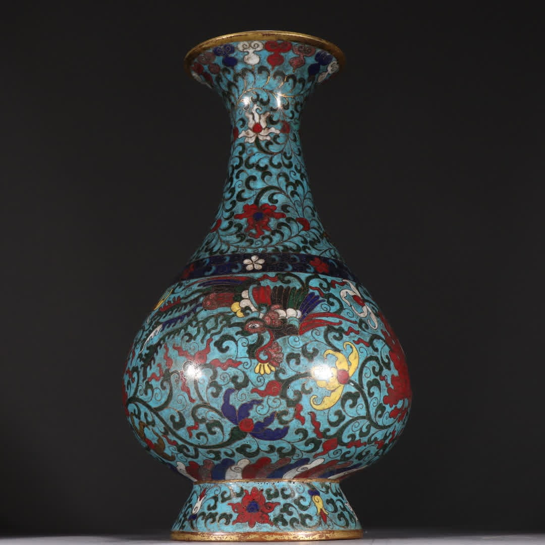 A Ming Dynasty copper gilt cloisonné double phoenix pattern bottle - 6