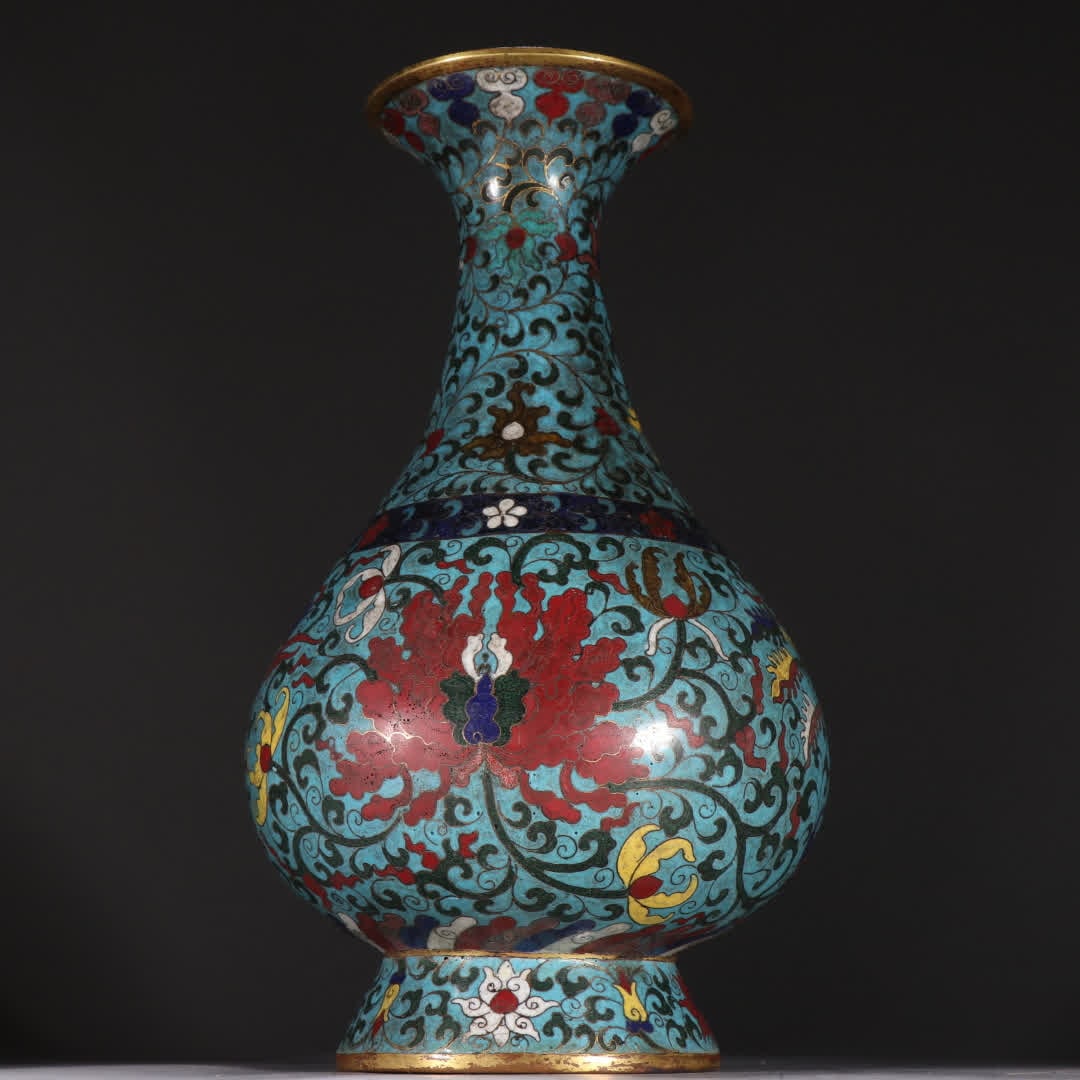 A Ming Dynasty copper gilt cloisonné double phoenix pattern bottle - 7