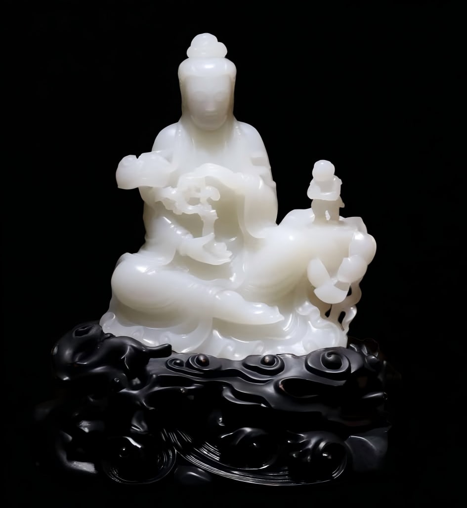 A Qing Dynasty mutton fat white jade ornament for sending children (1 of 9)